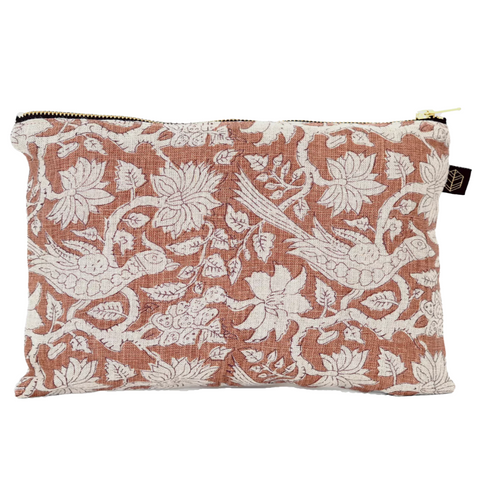 Floral patterned pouch with zipper on a white background