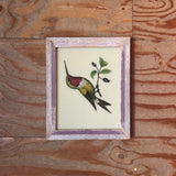 Framed artwork of a hummingbird and flowers on a wooden surface