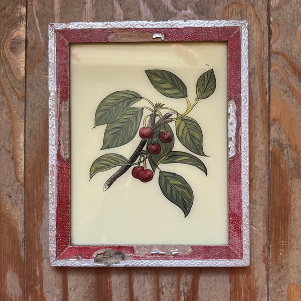 Framed botanical illustration of cherries on a wooden background