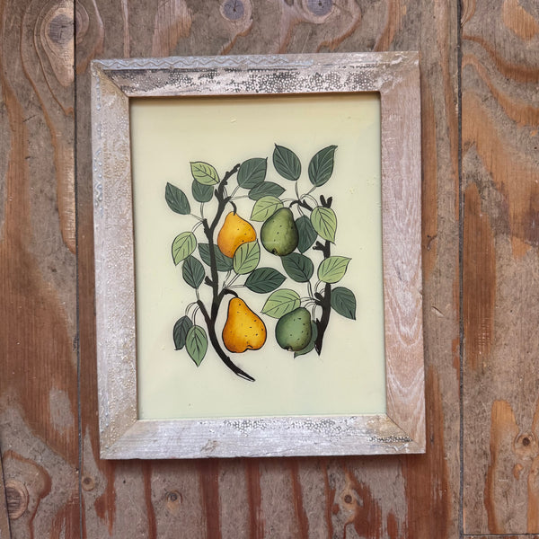 Framed illustration of pears on a wooden background