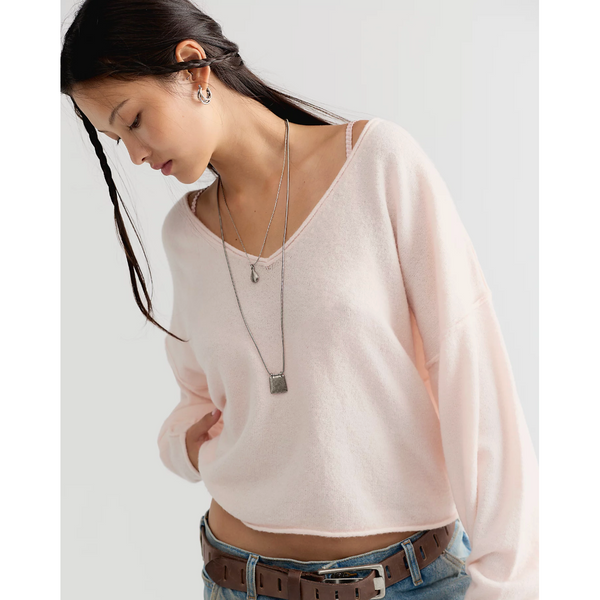 Free People See Me V-Neck Knit Pullover - Ballet Slipper Pink