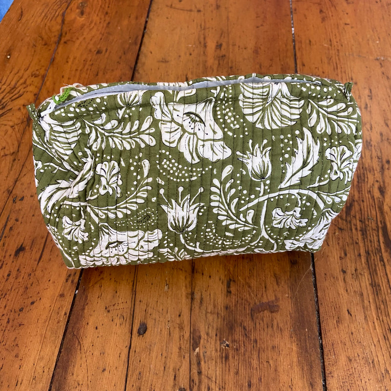 Quilted Wash Bag - Khaki Green Floral
