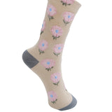 Beige sock with pink floral pattern on a white background