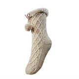 Gemjar Cream Diamond Knit Fleece Lined Slipper Socks with Pom Poms