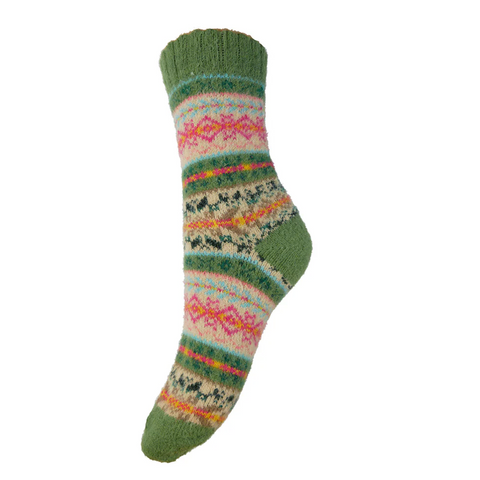 Gemjar Green, Fawn and Pink Scandi patterned Wool Blend Socks 