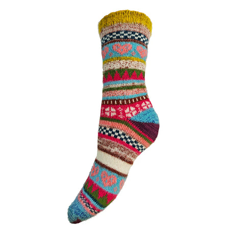 Gemjar Multi Coloured, Yellow Cuff, Scandi Patterned Ladies Socks