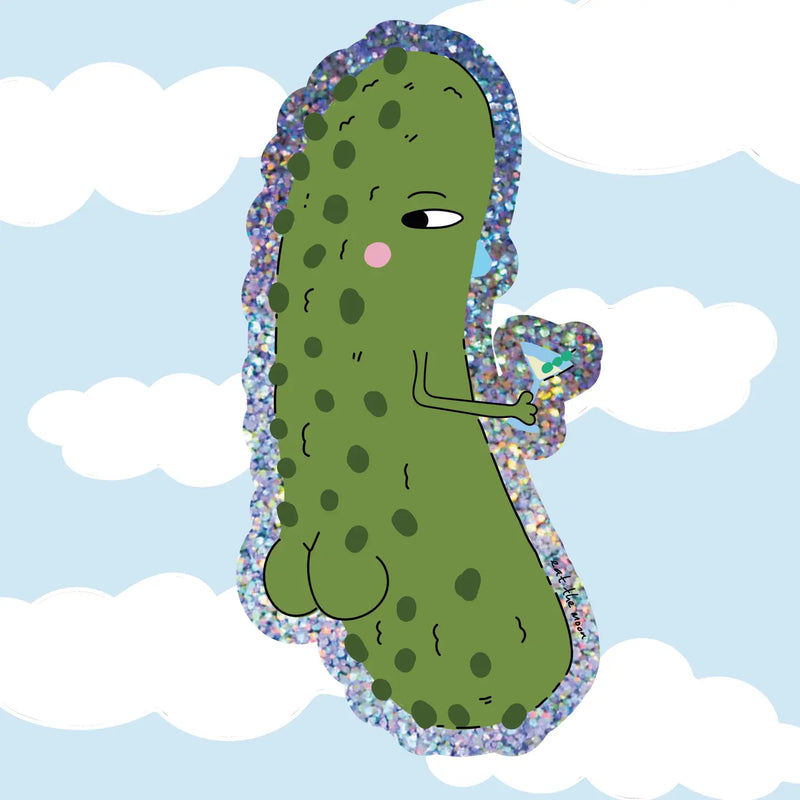 A stylized cartoon pickle character with a green body, dark green spots, a pink cheek, and a glittery multicolor outline, floating against a light blue sky with white clouds.