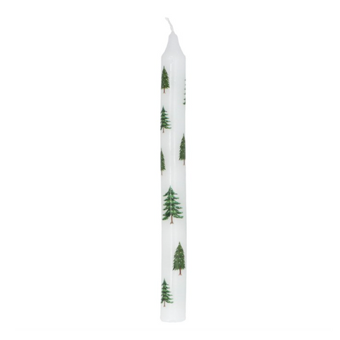 Gisela Graham Crown Candle Trees. A single white taper candle with a repeating pattern of green pine trees, shown against a plain white background.
