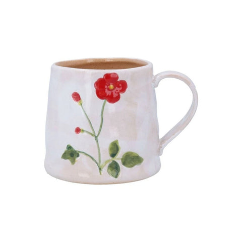 White mug with red floral design on a white background