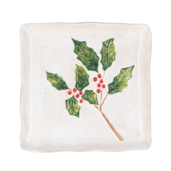 Gisela Graham Stoneware Square Plate - Holly and Berries