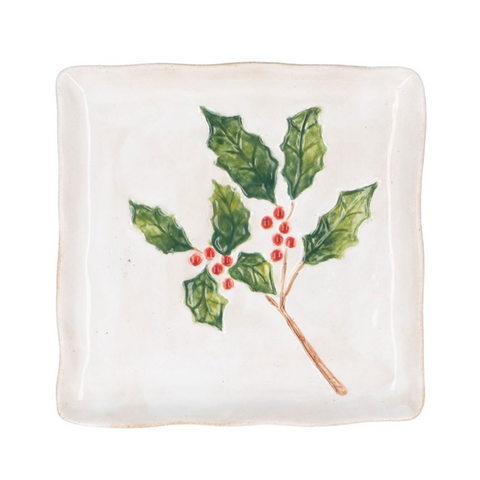 Gisela Graham Stoneware Square Plate - Holly and Berries