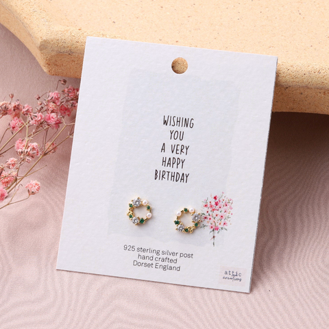 Gold Earring Stud Circle with Green and Clear crystals and Pearls 
