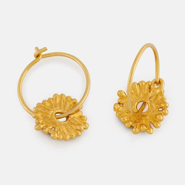 Pair of gold hoop earrings with floral designs on a white background