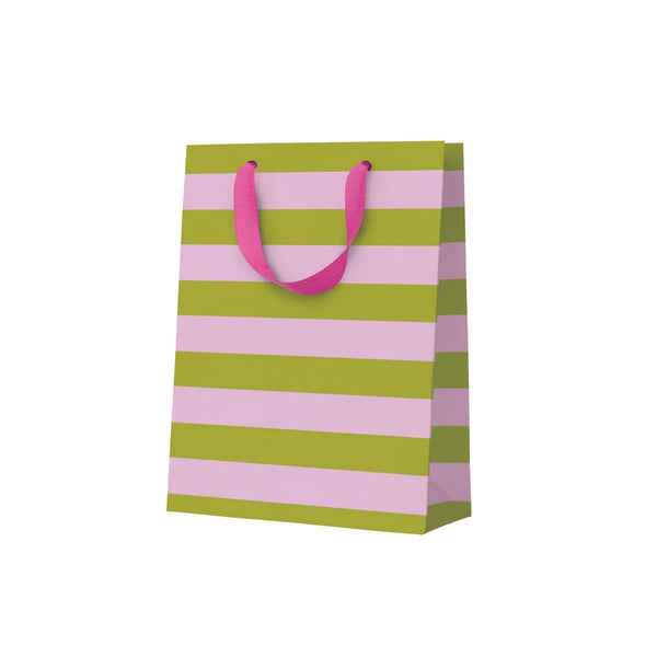 Green and pink striped paper bag with handles on a white background