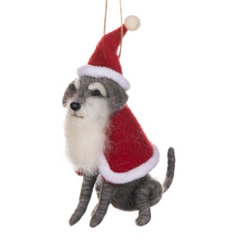 Felted raccoon ornament wearing a Santa hat on a white background