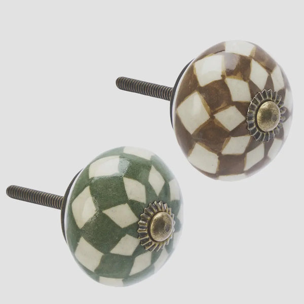 Hand Painted Harlequin Stoneware Knob - Brown/Green