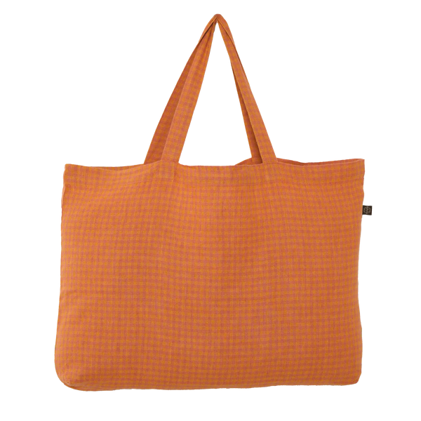 Orange tote bag with a checkered pattern on a white background