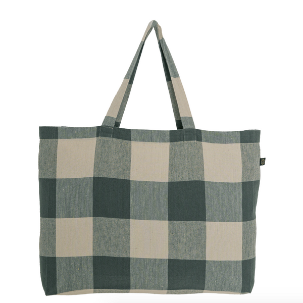 Haomy Washed Linen Cotton Shopping Bag Large Check - Pigeon