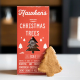 Hawken's Christmas Trees packaging with a gingerbread tree cookie in front