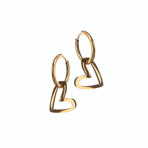 Gold heart-shaped hoop earrings on a white background