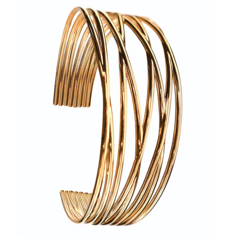 Gold bracelet with interlocking loops on a white background