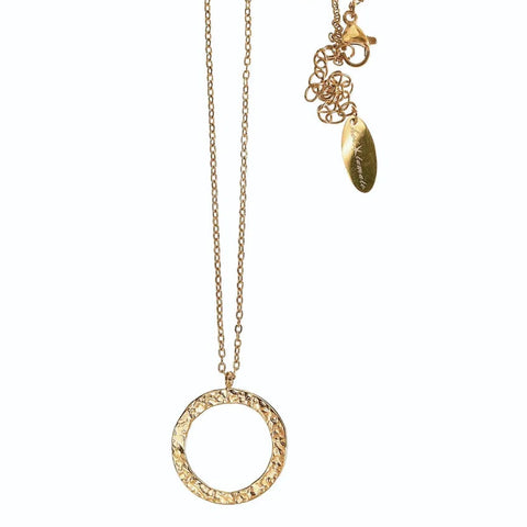 Gold necklace with a circular pendant on a white background