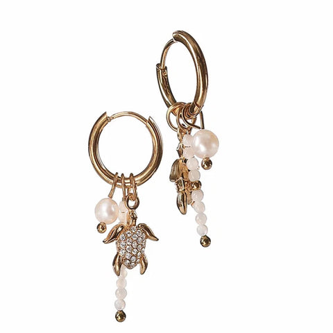 Hot Tomato Charm Cluster Hoop Earrings -  Gold & Pearl