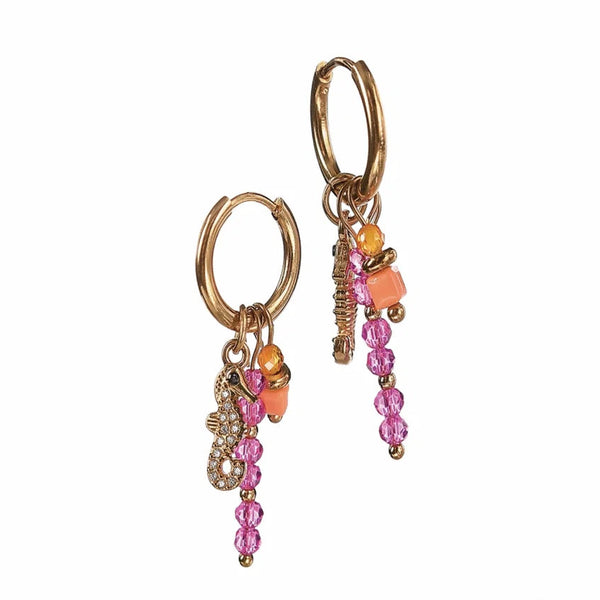 Hot Tomato Charm Cluster Hoop Earrings with Sea Horse - Gold / Fuschia