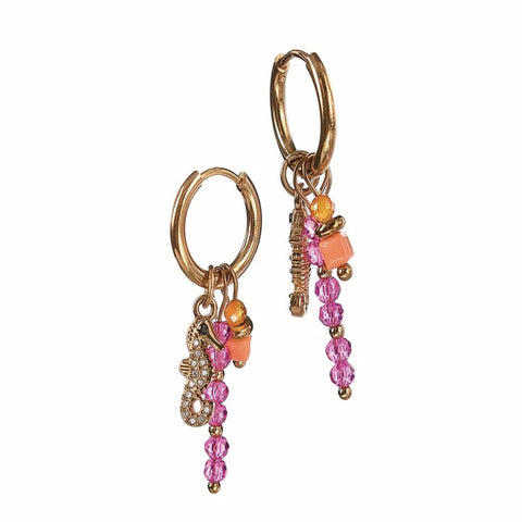Hot Tomato Charm Cluster Hoop Earrings with Sea Horse - Gold / Fuschia
