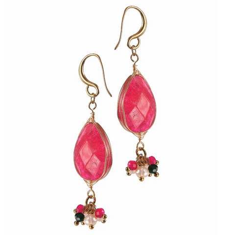 Hot Tomato Cluster and Stone Drop Earrings - Magenta Marble