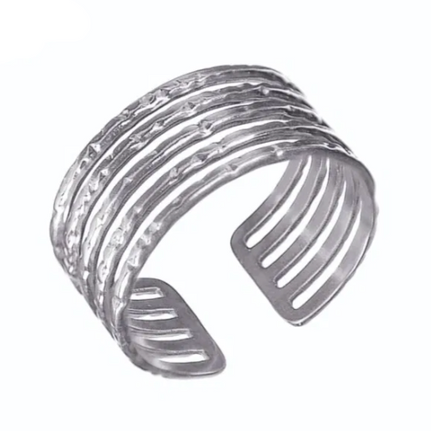 Hot Tomato Stripes Adjustable Ring - Silver