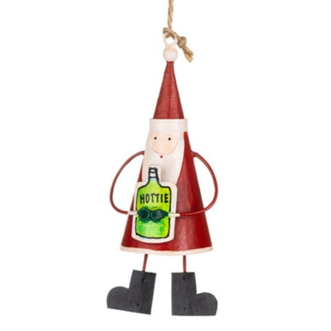 Decorative Santa figure holding a bottle labeled 'Hottie' on a white background