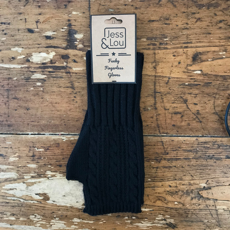 Jess & Lou Cable Knit Fingerless Gloves - Black