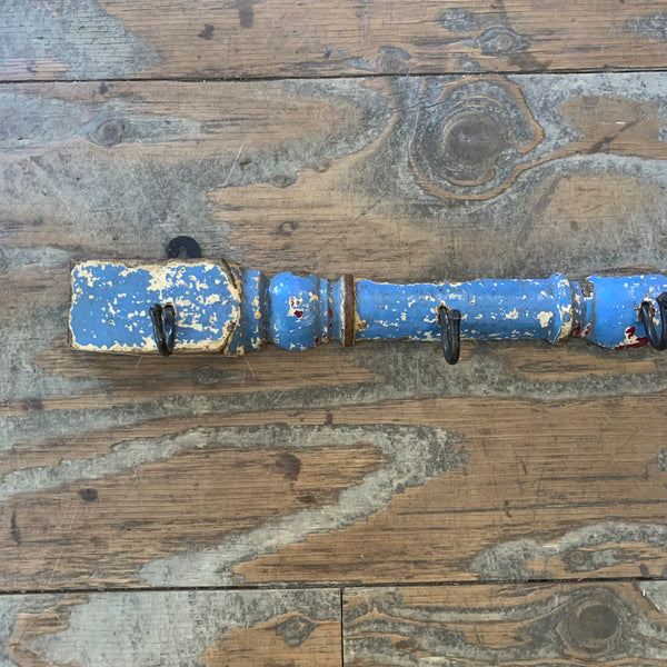 Set of 5 Vintage Hooks on a Blue Painted Balustrade