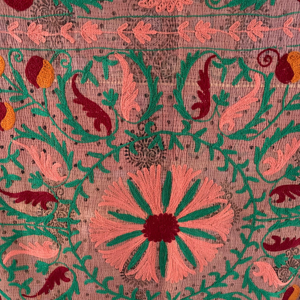 Vintage Embroidered Green Kantha Throw