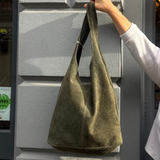 Suede Leather Slouchy Hobo Bag - Olive