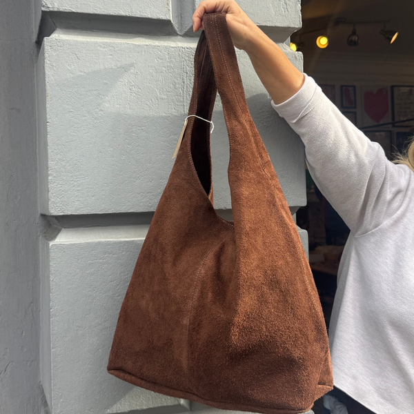Suede Leather Slouchy Hobo Bag - Brown