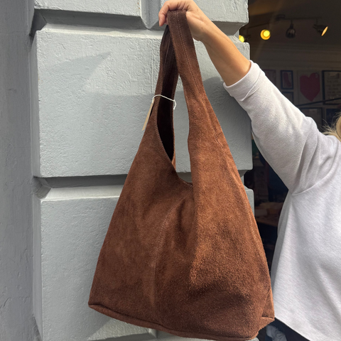Suede Leather Slouchy Hobo Bag - Brown