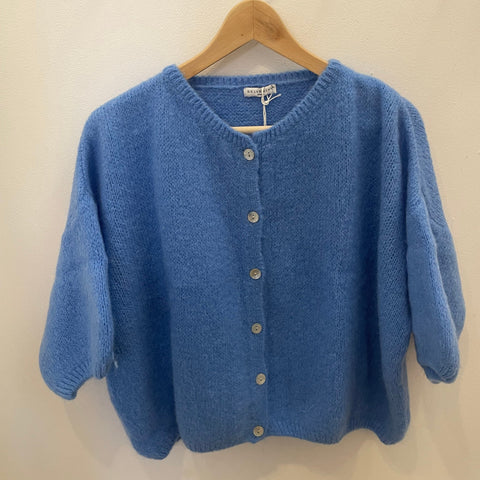 Cropped Sleeve Mohair Cardigan - Light Blue