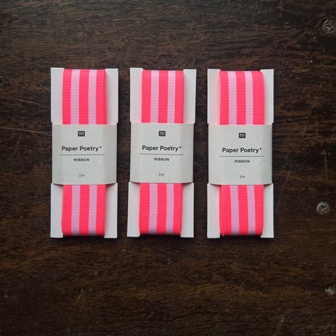 Duo Stripes Ribbon - Neon Pink and White