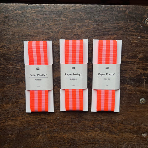 Duo Stripes Ribbon - Neon Red & Pink