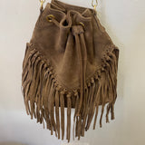 Suede Leather Fringed Bucket Bag - Taupe