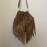 Suede Leather Fringed Bucket Bag - Taupe