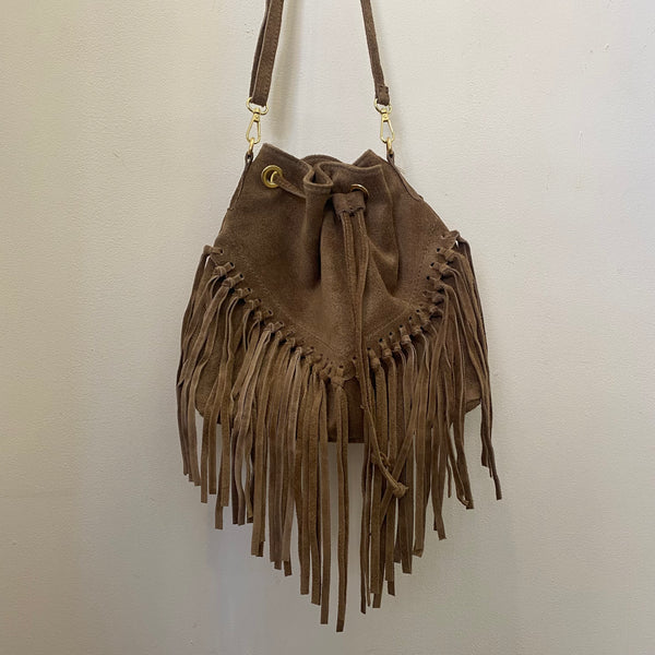 Suede Leather Fringed Bucket Bag - Taupe
