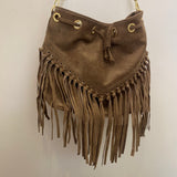 Suede Leather Fringed Bucket Bag - Taupe