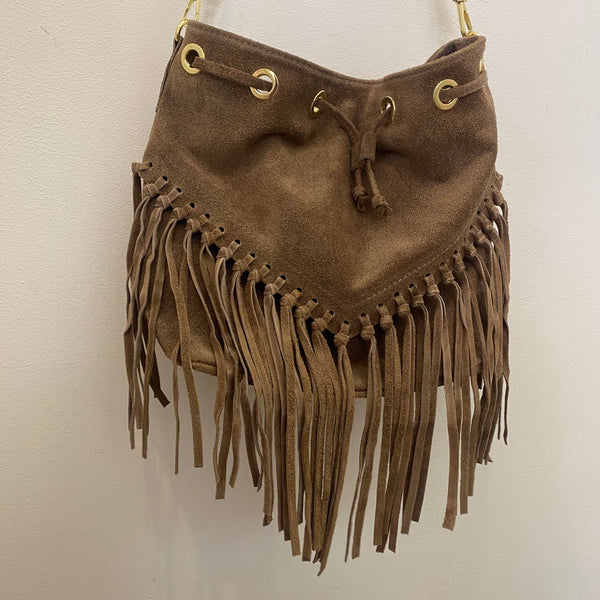 Suede Leather Fringed Bucket Bag - Taupe