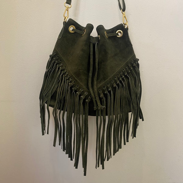Suede Leather Fringed Bucket Bag - Olive Green
