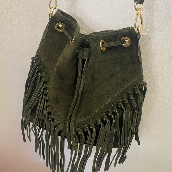 Suede Leather Fringed Bucket Bag - Olive Green