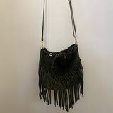 Suede Leather Fringed Bucket Bag - Olive Green