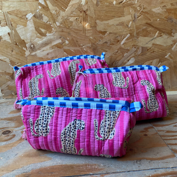 Quilted Wash Bag - Leopard Dark Pink Stripes